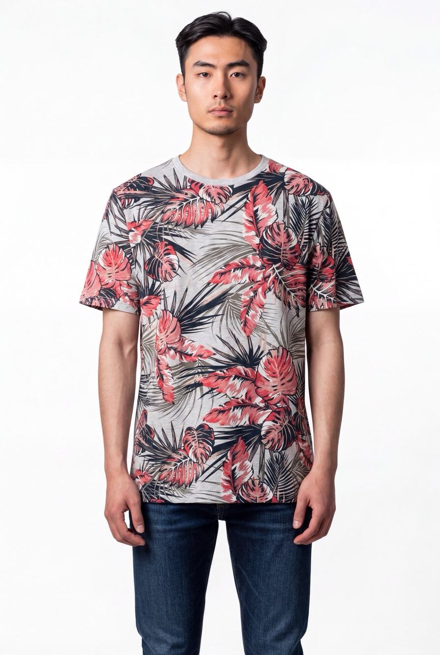 Free Planet Short Sleeve T Shirt Tropical Leaf Print Crew Neck Coral Gray Black